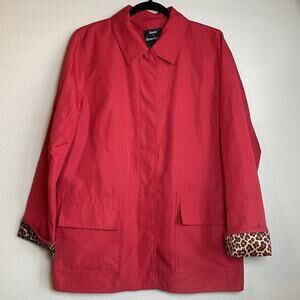 DENNIS BASSO SIZE MEDIUM RED LEOPARD PRINT LINING SNAP FRONT MID LENGTH JACKET